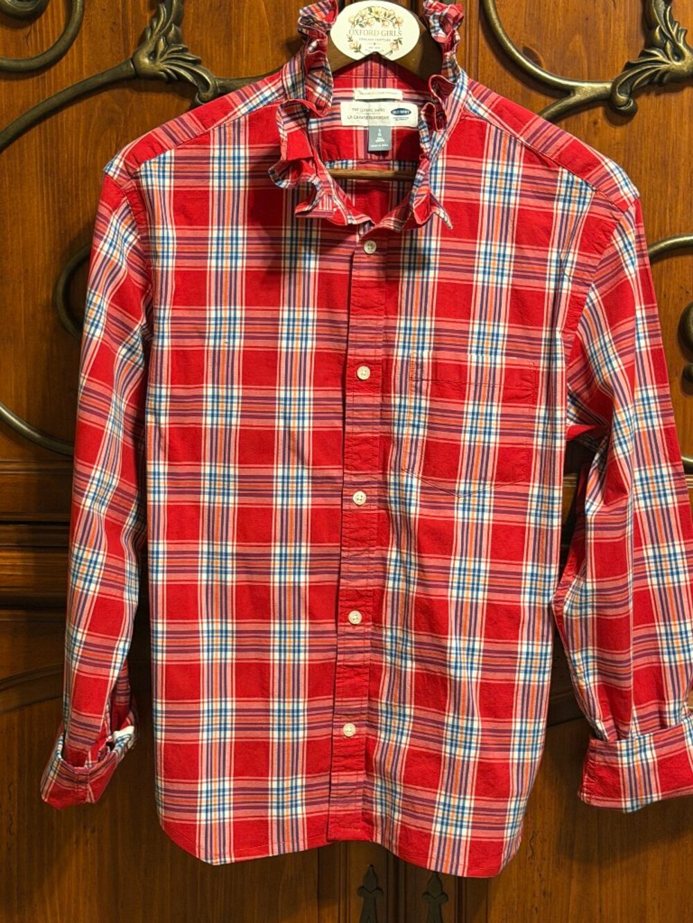 Upcycled Plaid Oxford Blouse, Ruffle Collar, Women's Size L, Sustainable Cotton